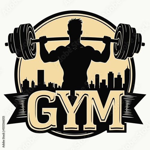 Vector gym logo with muscular man lifting barbell, urban skyline in background. Fitness and bodybuilding concept