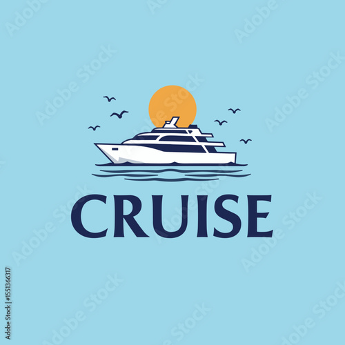Vector cruise ship on calm sea with orange sun and flying birds. Nautical vacation and travel logo on blue background