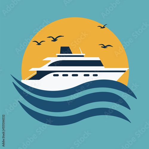 Flat vector illustration of a white cruise ship with curved waves and yellow sun on blue background. Relaxed travel theme