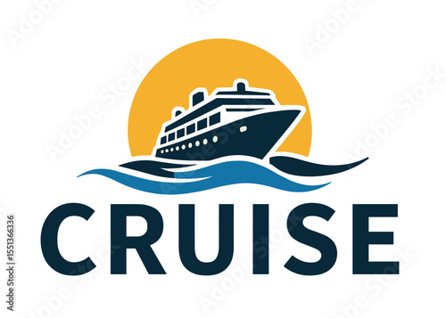 Vector logo of a cruise ship sailing on stylized waves with the sun in the background. Tourism and holiday concept