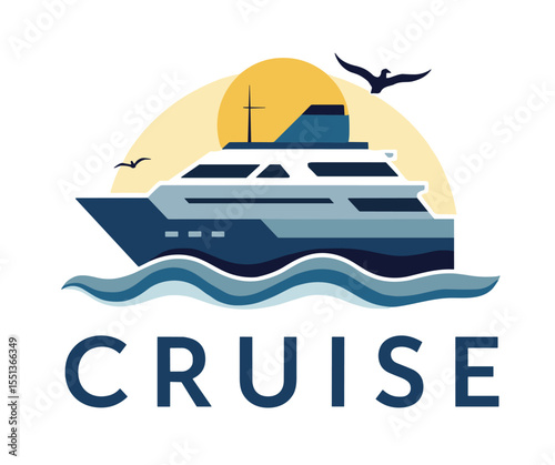 Stylized cruise ship illustration with large sun, birds and ocean waves. Flat design for travel and tourism concept