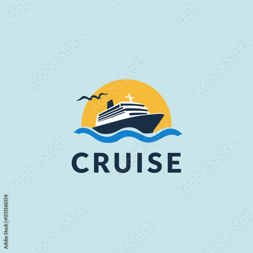 Flat vector logo of a cruise ship with sun and seagulls on a light blue background. Summer vacation and travel theme