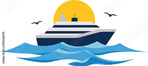 Vector illustration of a cruise ship on ocean waves with sun and flying birds. Simple nautical travel design