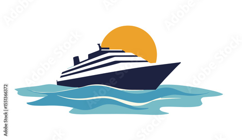 Vector illustration of a cruise ship sailing on the ocean with the sun in the background. Simple nautical travel scene