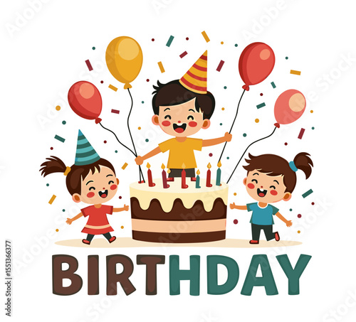 Happy birthday celebration with kids, cake, balloons and colorful hats. Ideal for party invitations, greeting cards and festive designs