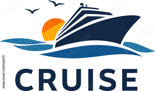 Vector cruise ship sailing with sun and birds in the background. Nautical travel and holiday concept