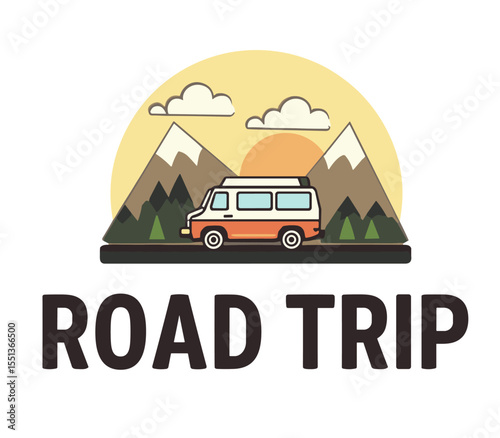 Vector illustration of an orange van driving along a road with mountain background, sunset and clouds. Road trip travel concept