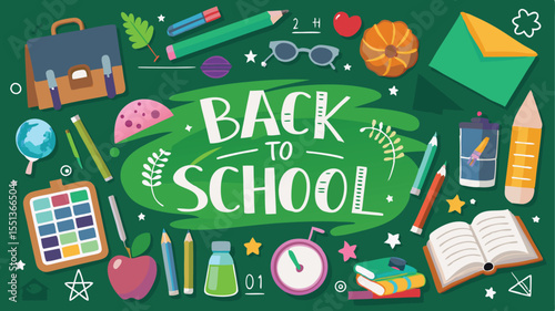 Colorful Back-to-School Illustration with School Supplies on Green Background