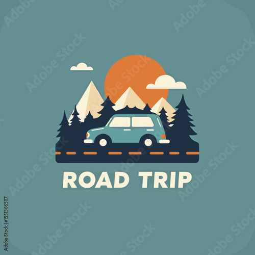 Vector illustration of a blue car on a road trip through a pine forest with mountains and sunset in the background
