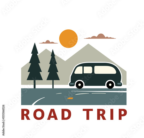 Vector illustration of a road trip scene with a van, tall pine trees, mountains and sun. Travel concept with minimal flat design style