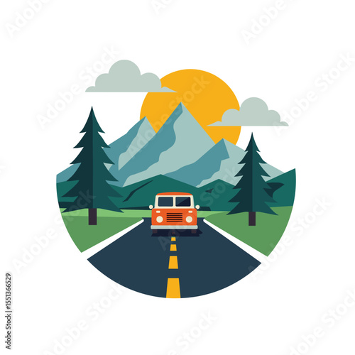 Scenic road trip illustration with van driving through forest toward mountains at sunrise. Perfect for travel, camping and freedom themes