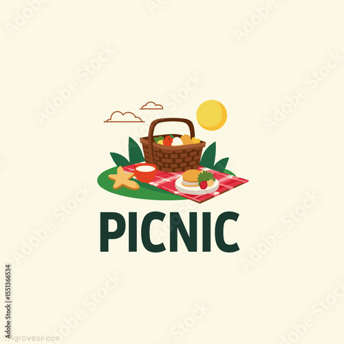 Picnic illustration with basket, fruit, and blanket under sunny sky. Ideal for outdoor, summer, and leisure themed designs or food events