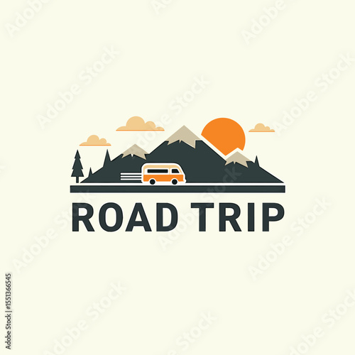Flat road trip logo with orange camper van and mountains at sunset. Ideal for travel, outdoor lifestyle and summer adventure branding