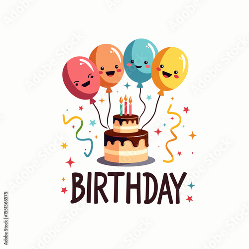 Cute birthday illustration with smiling balloons and layered cake. Great for party invitations, greeting cards and celebration designs