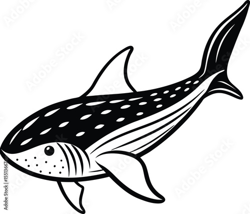 Black and white whale shark illustration with simple graphic design style
