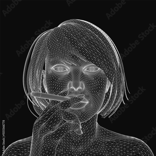 A young woman exhales smoke from a cigarette, her wireframe silhouette glowing against a dark background. The digital illustration highlights contours and negative space, emphasizing a modern.