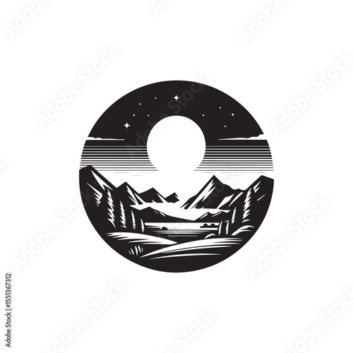 black and white landscape background, editable vector image