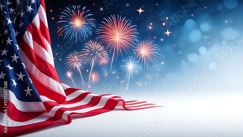 Dynamic American Flag with Sparkling Fireworks and Bokeh Lights on a Gradient Blue Background for Independence Day Celebrations