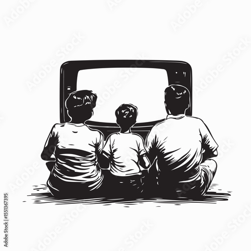 Happy family watching television together Vector Image on white background.