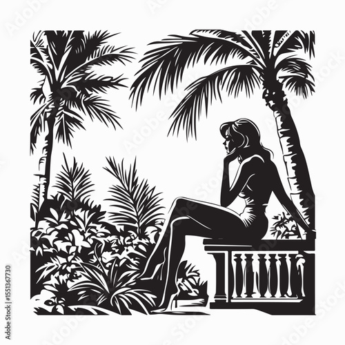 eautiful Girl Silhouette Relaxing on Balcony Overlooking Peaceful Natural Landscape