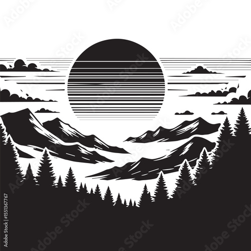 black and white landscape background, editable vector image