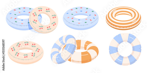 Set of inflatable lifebuoys in soft pastel blue, sand tones with cherry, polka dot, striped patterns. Vector cute illustration of single, stacked swimming rings for kids and adults. Side,  top views.