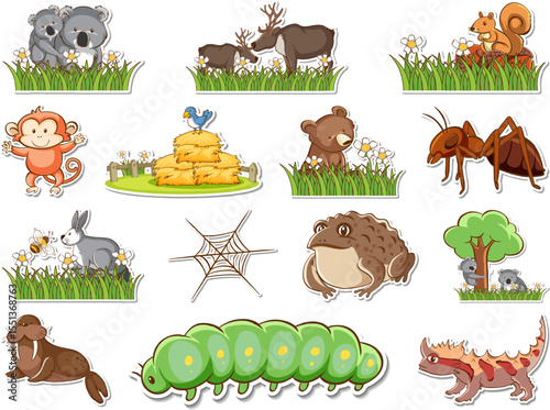 Charming cartoon sticker set featuring a diverse collection of adorable wild animals in vibrant colors