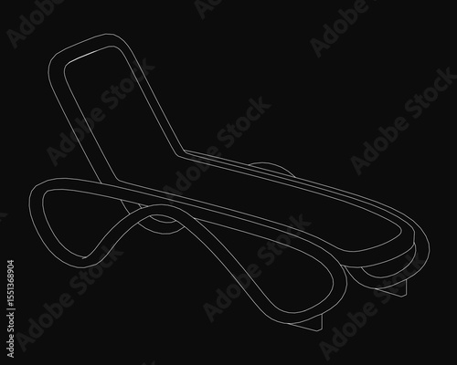 A black and white line drawing of a chaise lounge chair features clean, elegant contours against a solid black background. The minimalist design highlights the chair's sleek silhouette