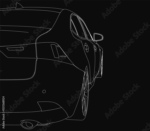 Car black and white line drawing on a dark background, showcasing sleek machine outline with clean contours. The minimalist design highlights the car's elegant silhouette and precise.
