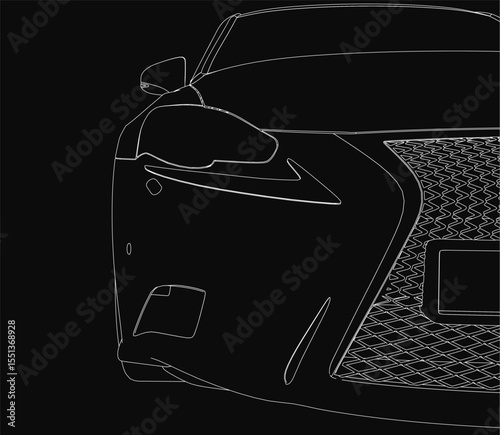A sleek black and white outline of a sport car highlights its aerodynamic curves and aggressive stance. The minimalist machine design stands out against a stark black background