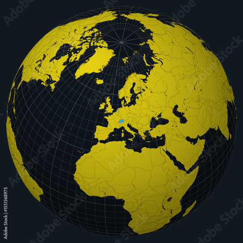Switzerland on Globe. Country view on the world map in Charcoal Bright Yellow color palette. Switzerland shape on map. Globe with meridians, parallels, countries, rivers and lakes.