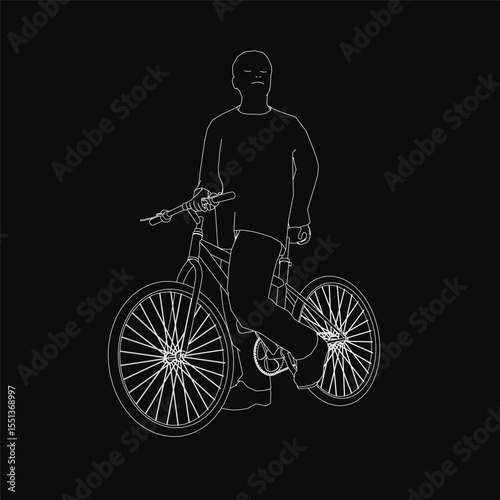 A man sits on a bicycle, pedaling against a stark black background. He wears a casual t-shirt and shorts, captured in high-contrast black and white. The minimalist composition emphasizes motion and.