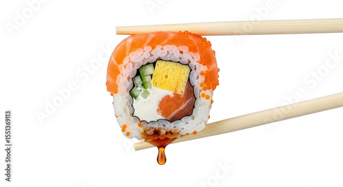 Salmon sushi roll with chopsticks