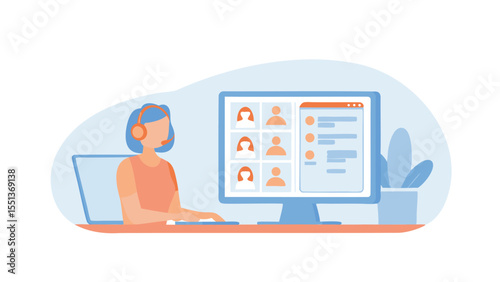 Woman with headset attending a virtual meeting on a computer with other participants shown on the screen