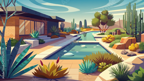 Modern drought-tolerant landscape design with gravel paths, native desert plants like succulents and agave, decorative rocks, and minimal water usage layout. Clean, sustainable