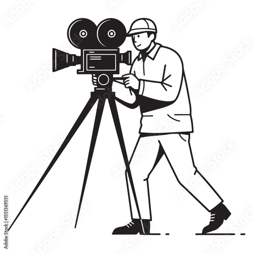 A filmmaker operating a vintage film camera on a tripod capturing cinematic moments