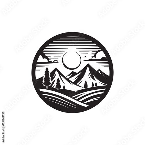 black and white landscape background, editable vector image