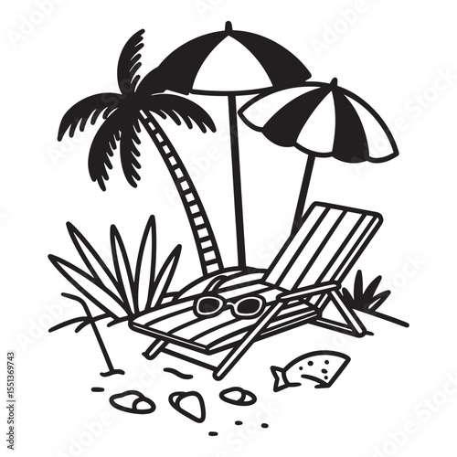 Black and white beach scene illustration with lounge chair palm tree and sunglasses