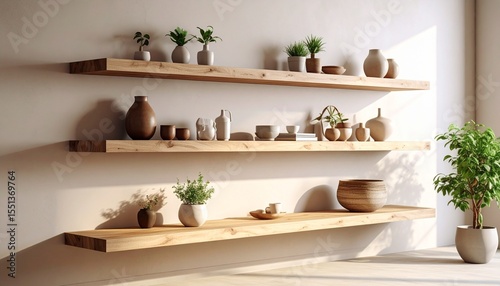 Sleek oak floating shelves mounted on a soft plaster wall, styled with ceramic objects and indirect warm lighting.