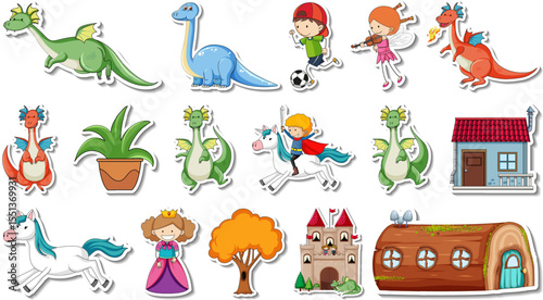 Charming sticker set featuring a variety of whimsical fantasy fairytale cartoon characters for creative projects