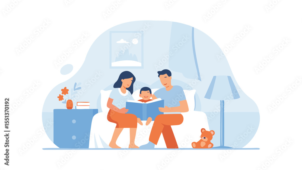 Fototapeta premium Family reading a book together in bed with a lamp and teddy bear in a light blue and orange illustration