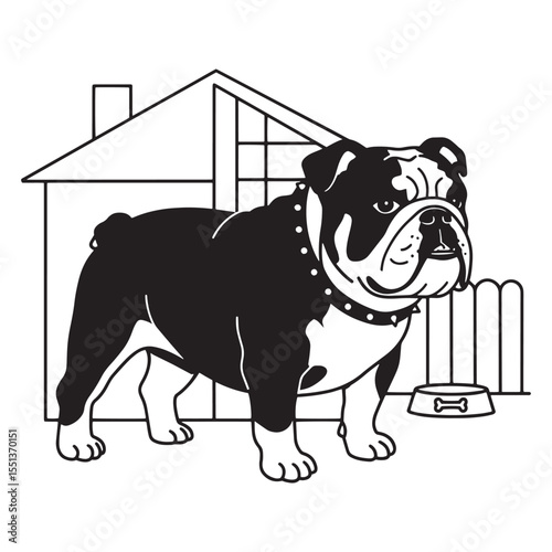 Black and white illustration of a bulldog standing proudly next to a dog house and food bowl