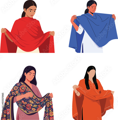 Traditional South Asian Women Wearing Colorful Dupatta Shawls Vector Illustration Set