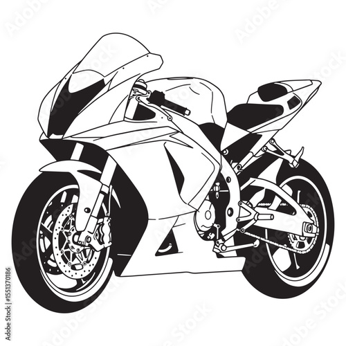 Black and white illustration of a modern high performance motorcycle isolated on white background