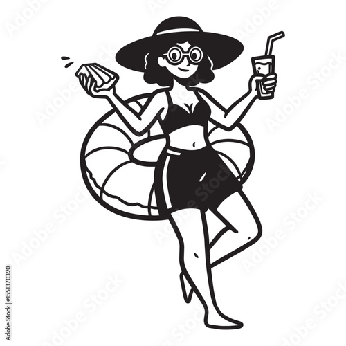 Black and white illustration of a woman ready for summer vacation with floatie and drink.