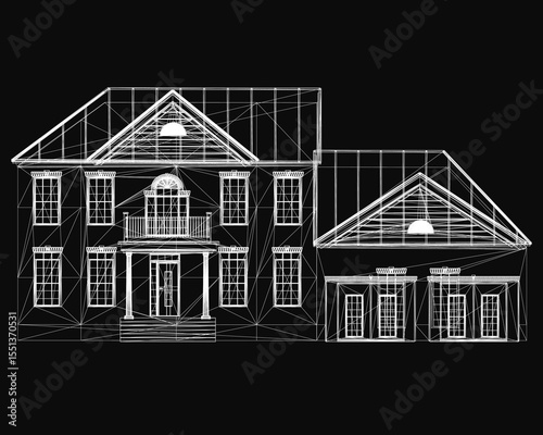 Blueprint of a house with clean architectural lines and detailed layout, displayed on a sleek black background. The outline highlights room divisions, windows, and structural elements.