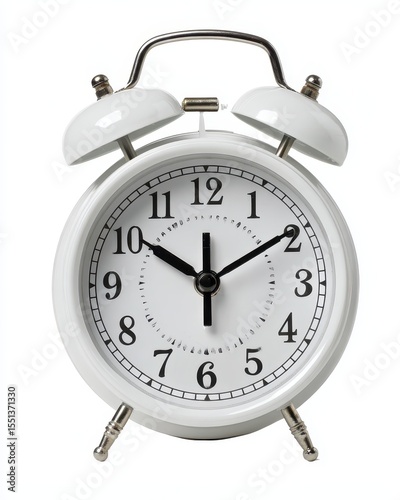 Noon Clock. White Alarm Clock Showing Twelve O'Clock, Isolated on White Background