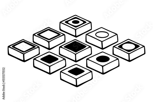 Abstract geometric pattern: A minimalistic abstract design, featuring a collection of square blocks with various circular and rectangular shapes, showcasing geometric symmetry and a sense of balance.
