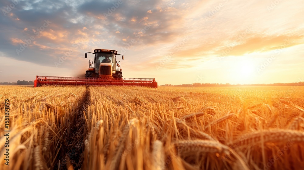 Fototapeta premium A tractor harvests wheat in a golden field as the sun sets, reflecting the hard work of farmers and the beauty of agriculture amid stunning evening light.
