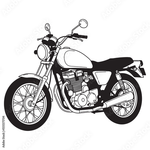 Black and white vector illustration of a classic motorcycle with detailed engine and design